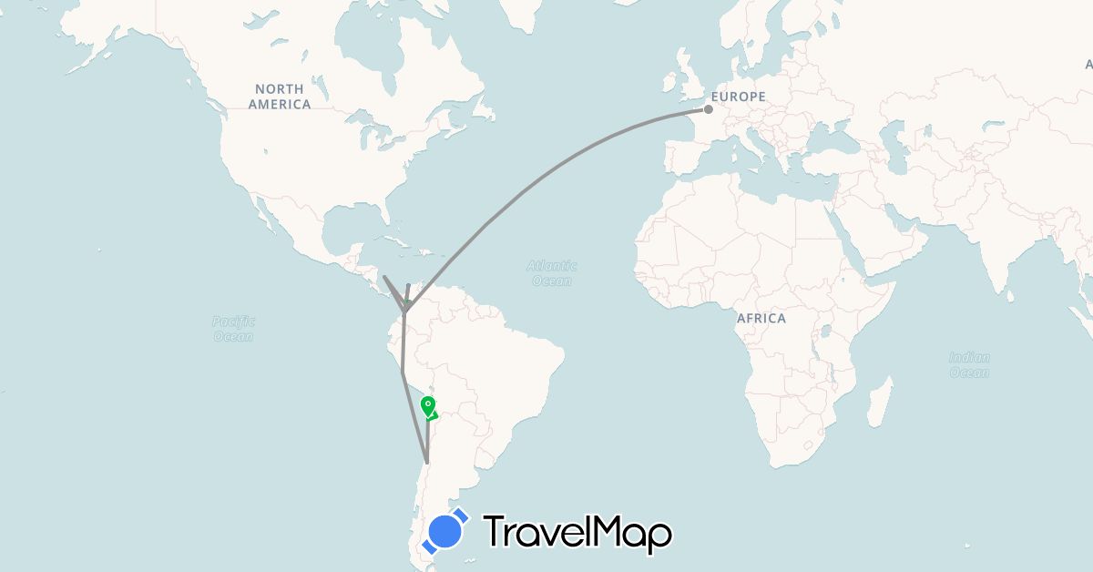 TravelMap itinerary: driving, bus, plane, boat in Chile, Colombia, France, Peru (Europe, South America)